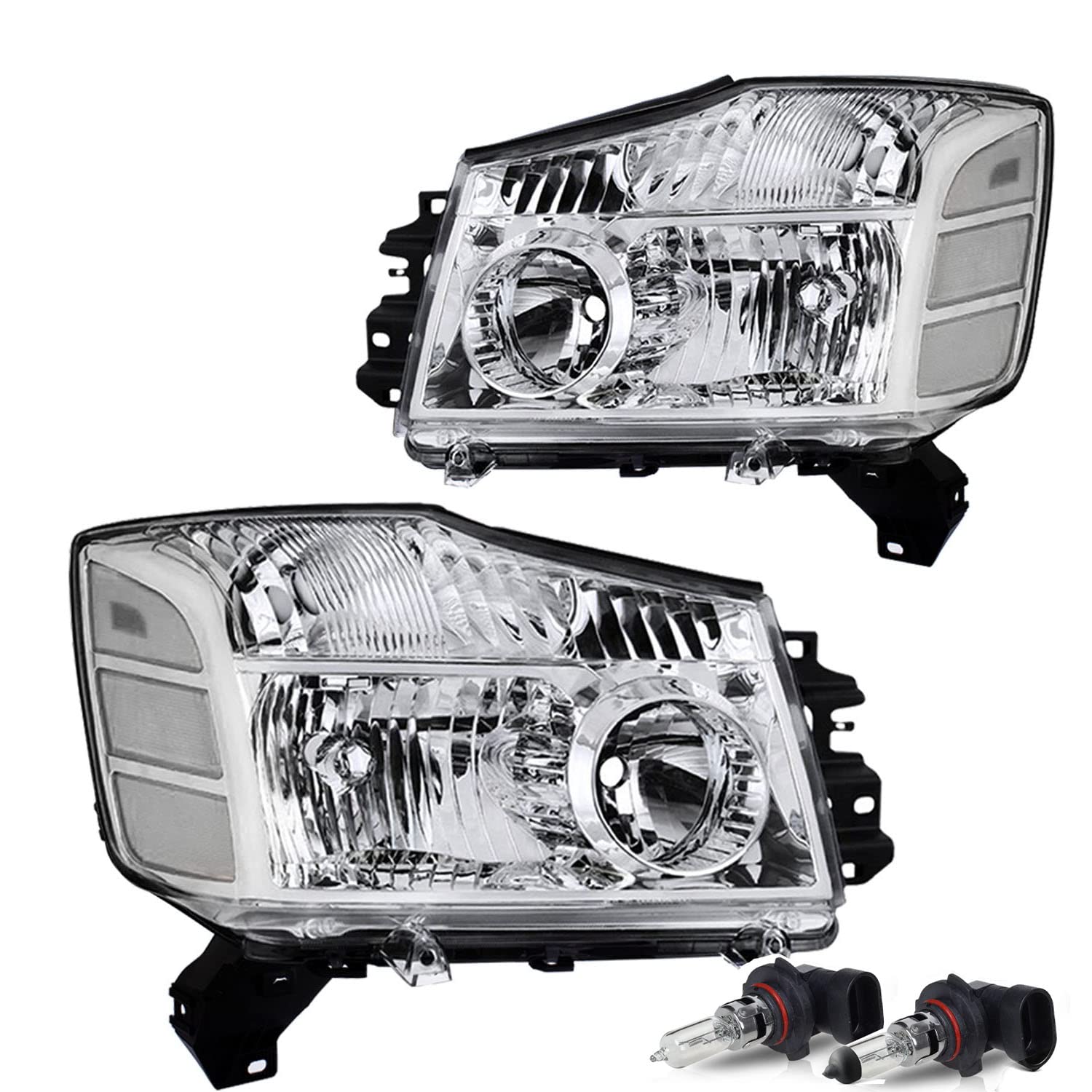 JSBOYAT Headlight Assembly Compatible with 2004-2015 Titan / 05-07 Armada OEM Replacement Headlamp Bulbs Included Passenger and Driver Side Chrome Housing with Clear Reflector