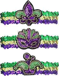 LUHUADUO 3 Pack Mardi Gras Fleur de Lis Headbands, Sequin Hair Bands Masquerade Party New Orleans Fantasy for Women Men Costume Party Favors, Purple Yellow Gold Green