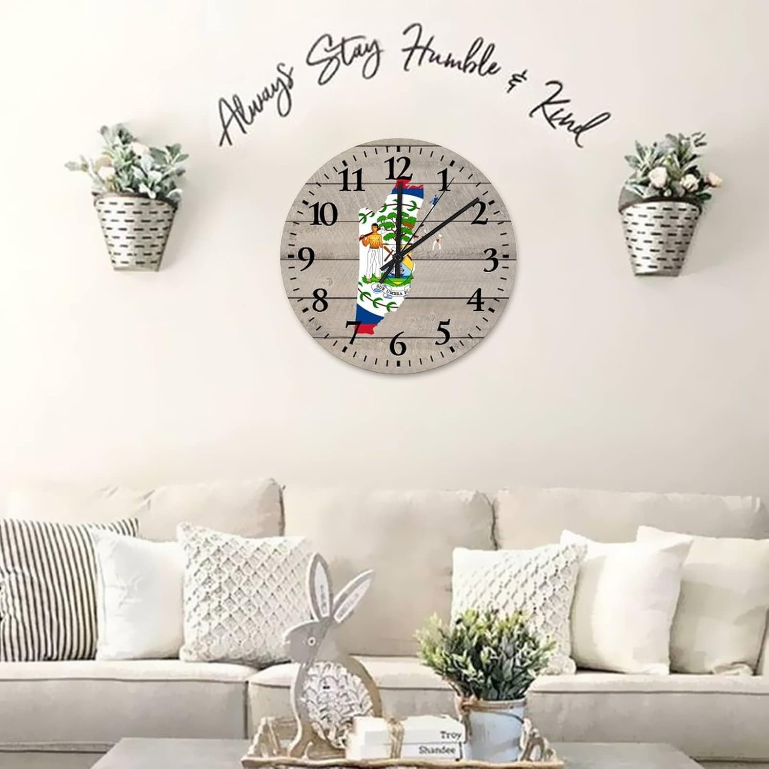 15 Inch National Flag Belize Outline Wooden Wall Clocks Battery Operated Map Outline Vintage Wood Print Wall Clock Arabic Numbers Round Clock for Kids Room and Kitchen