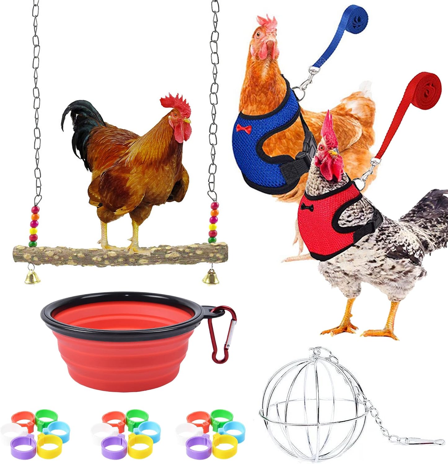 Allazone 25 PCS Wooden Chicken Swing Toys Set, Natural Wooden Stand Perch Toy, Adjustable Chicken Harness with Leash, Chicken Feet Ring, Feeding Bowl for Chicken, Medium Large Bird, Parrot Training