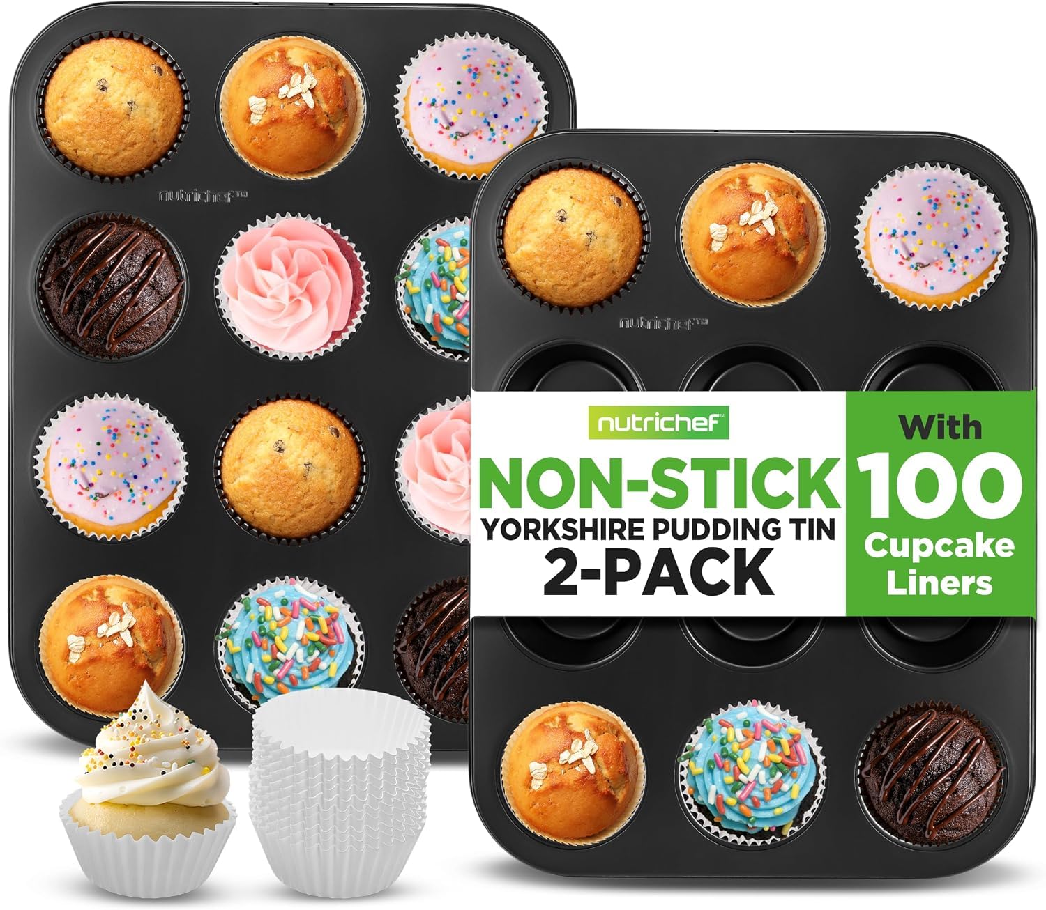 NutriChef Muffin Trays Cupcake Tray 12 Cup, 2 Pack Dishwasher Safe, Pudding Tray, Nonstick Muffin Tin, Round Baking Moulds, Bakeware Muffin Pans, Carbon Steel Stackable Cup Cake Tray- Black