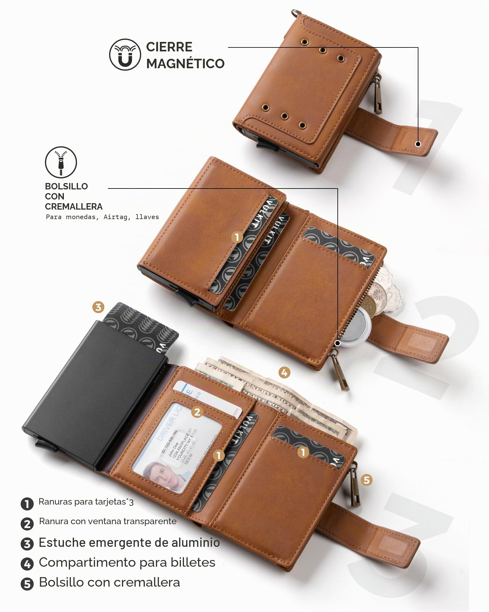 VULKIT Cartera Hombre con Cadena, Tarjetero Aluminio Pop UP Protección RFID, Ventana ID, Bolsillo Cremallera y Compartimento para Monedas y Billetes, Marrón