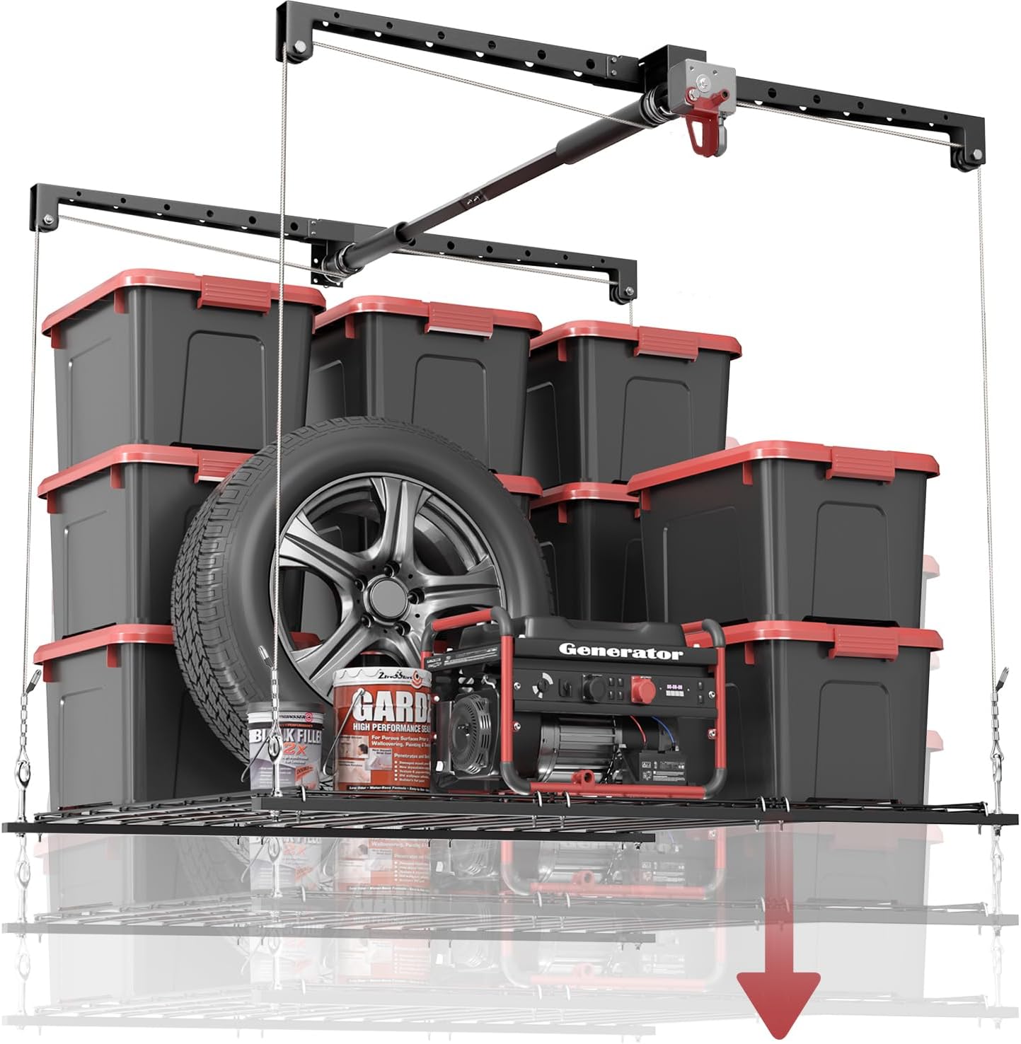 Overhead Garage Storage Rack for 10–12 FT Ceiling, Heavy-duty 4x4 FT Ceiling Storage Racks with Safety Lock, Ideal for Garage Storage Mounted Lift System and Storage Organizer, 250lbs Capacity