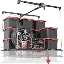 Overhead Garage Storage Rack for 12 14 FT Ceiling, Heavy-duty 4x4 FT Ceiling Storage Racks with Safety Lock, Ideal for Garage Storage Mounted Lift System and Storage Organizer, 250lbs Capacity