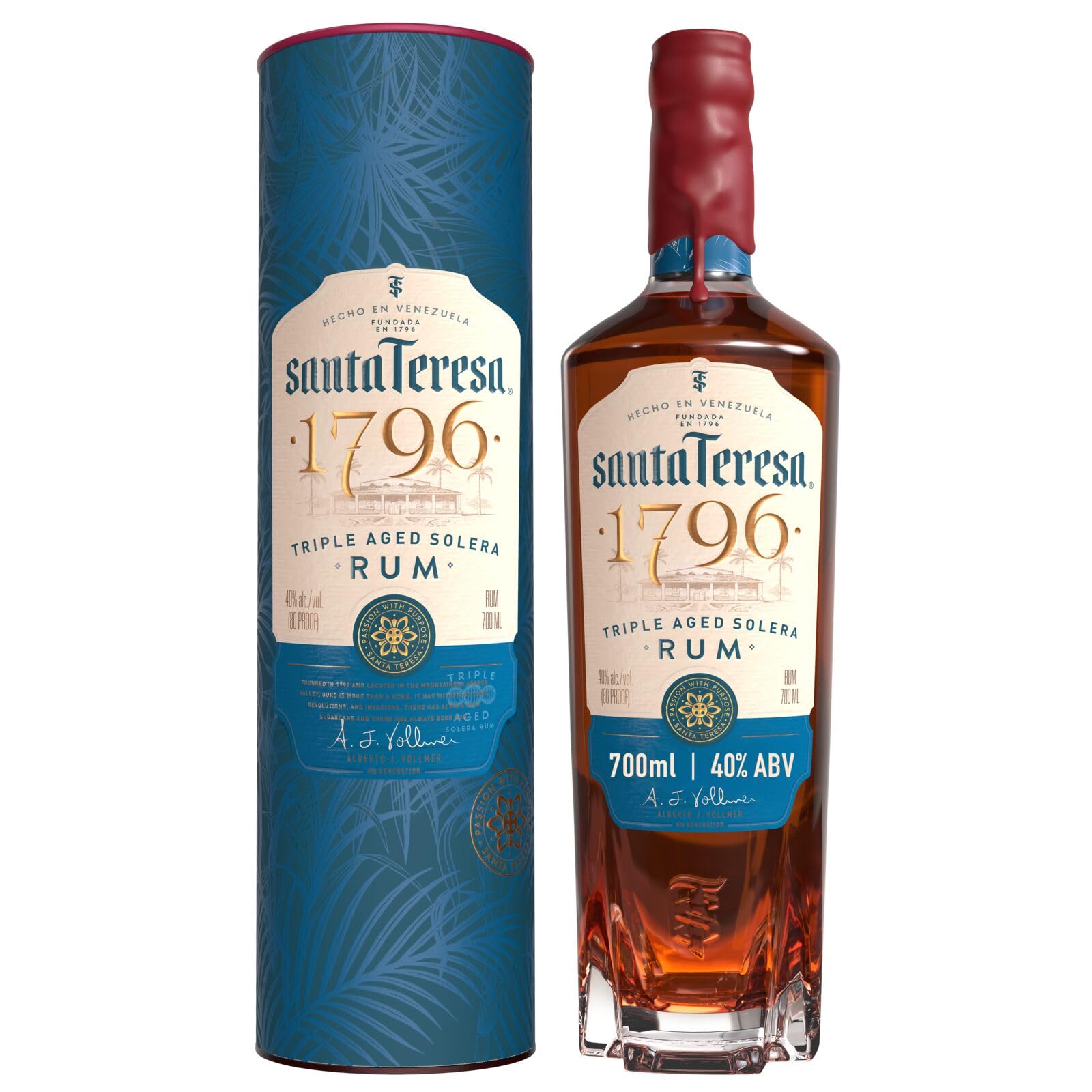 Ron de solera con triple añejamiento Santa Teresa 1796, 40 % vol., 70 cl / 700 ml, ron oscuro venezolano super premium Single State acabado en barricas de roble