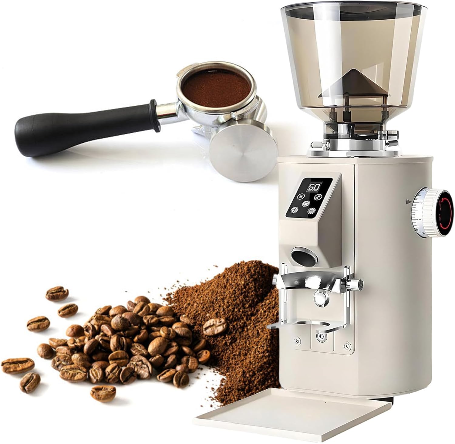 Commercial Coffee Grinder, Electric 350w Flat Burr Coffee Bean Grinder with 9 Precise Settings Touch Control, Espresso Machine with Large Capacity Hopper, Coffee Grounds Tray Beige