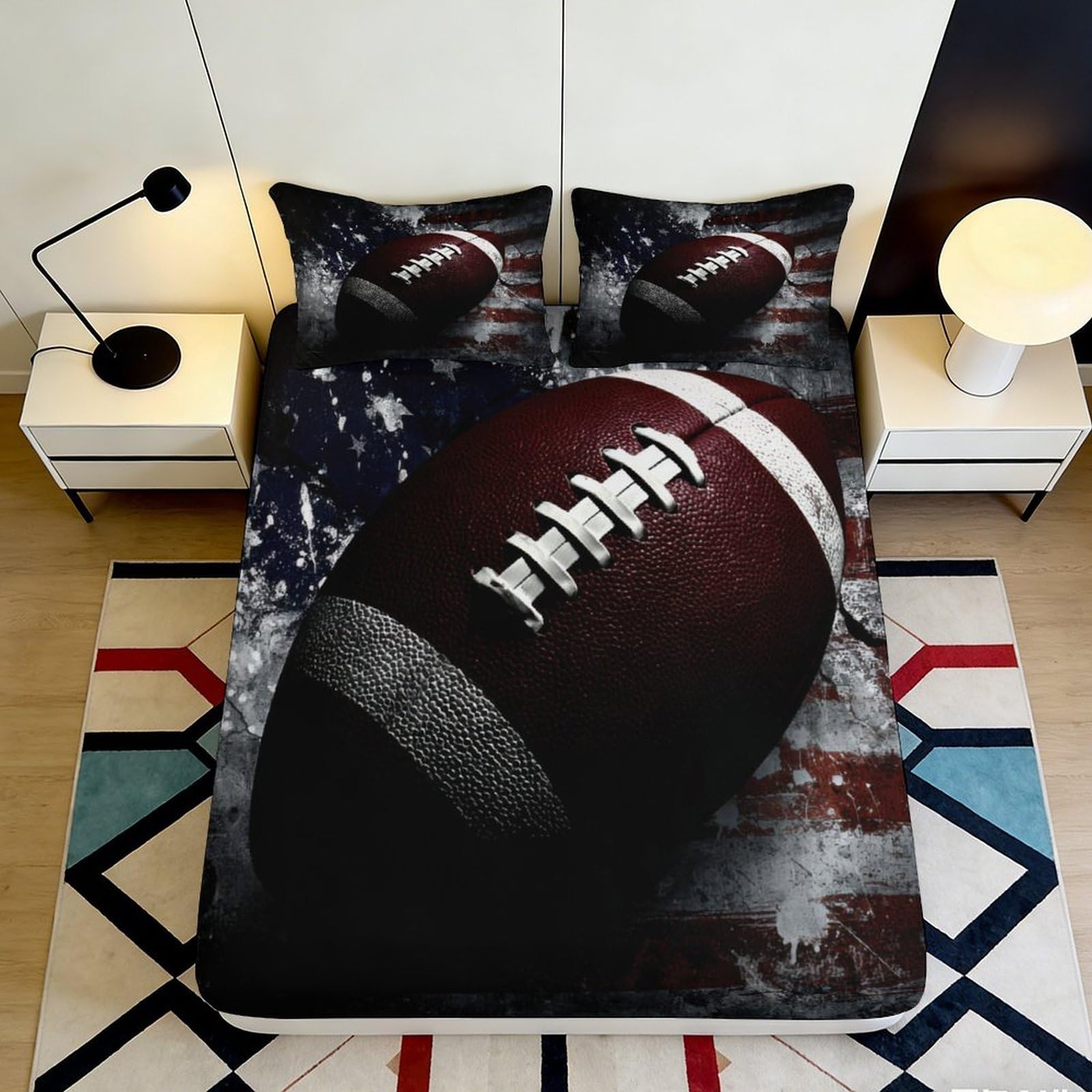 3D Printed American Football Fitted Sheet Microfiber Soft Durable Rugby Ball Bed Cover for Bedroom Dormitory Guest Room Mattress Protection 140x200x25cm