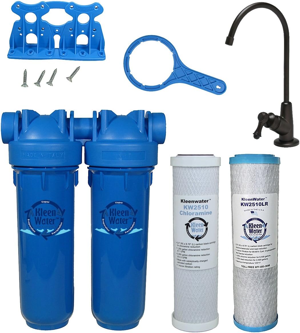 KleenWater KW1000 Undersink Water Filter System, Chlorine Chemical Rust Dirt Sediment Chloramine Lead Filtration, Two Filter Cartridges and Faucet