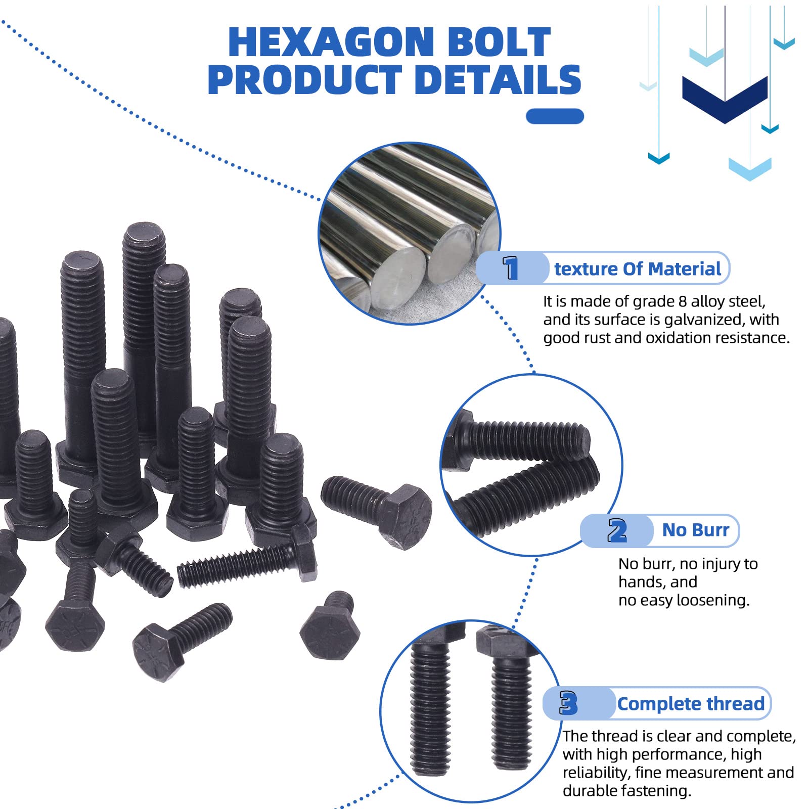 Glarks 512Pcs 1/4-20", 5/16-18", 3/8-16" Kit d'assortiment de rondelles de vis hexagonales de grade 8, rondelles de verrouillage de vis hexagonales noires et rondelles de joint plat