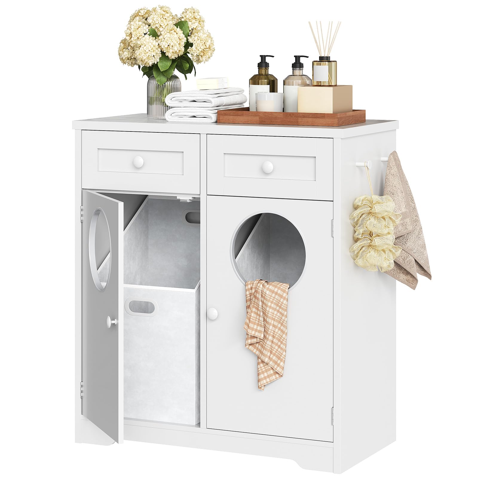 HOOBRO Meuble de Salle de Bain pour Linge Sale, Panier à Linge Double Compartiments inclinés, Placard de Rangement sur Pieds, avec 2 Ouvertures, Blanc EWT36XY01