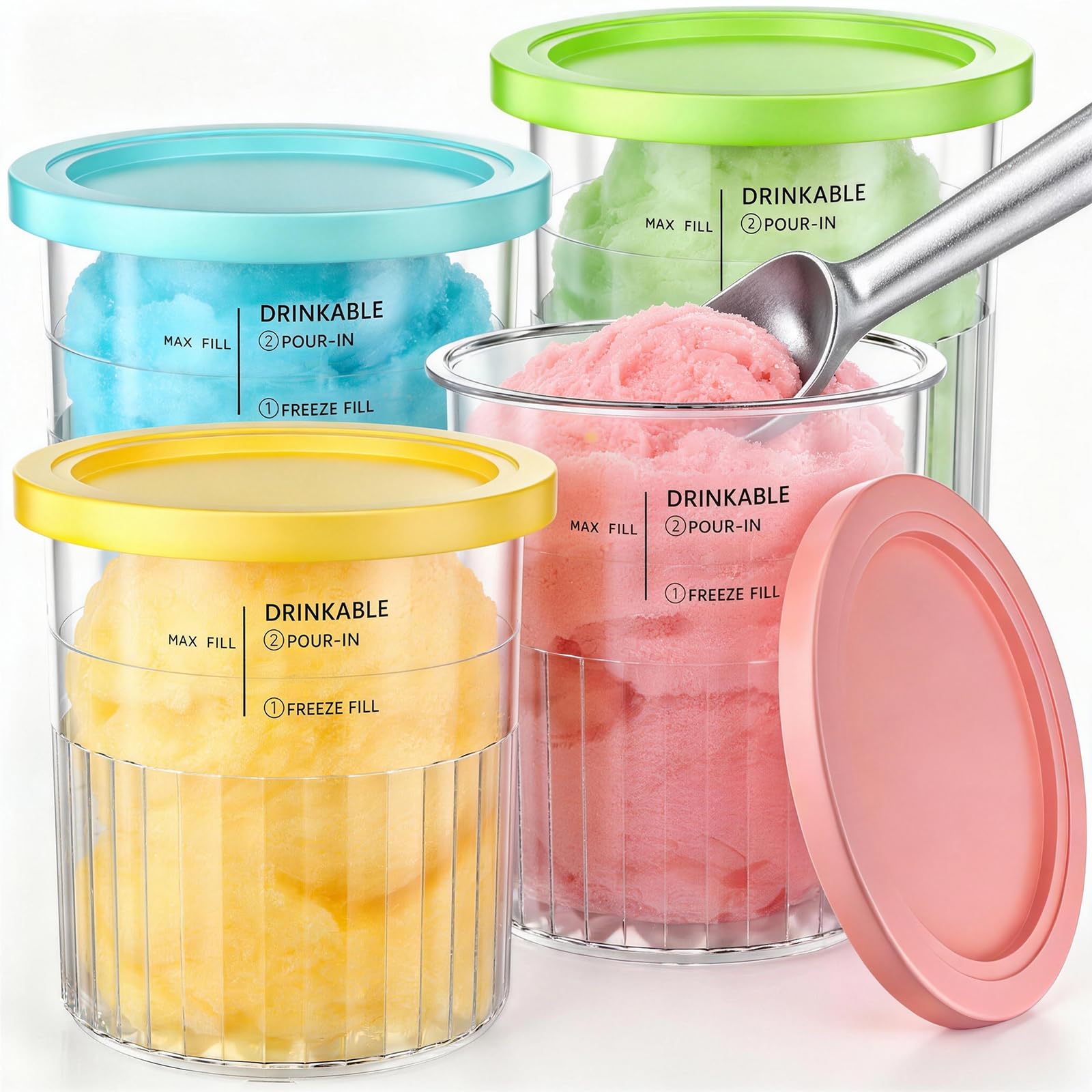 Kssvzz Lot de 4 Pots pour Ninja Creamy Deluxe, 680ML Bacs Compatible avec Ninja NC501/NC500 Series, Accessoires pour Machine à Glace avec Cuillère en Aluminium, Lave-Vaisselle, sans BPA