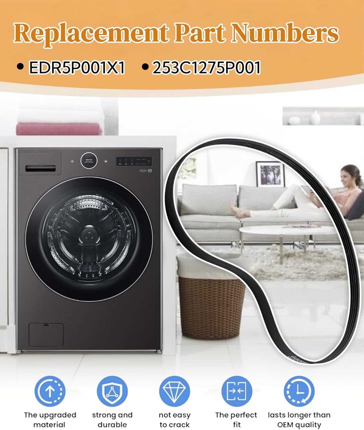 253C1275P001 Washer Motor Drive Belt Fits For GE LG Kenmore Clothes Washer,Washing Machine Parts Replace EDR5P001X1(Polyv Belt 6:1)