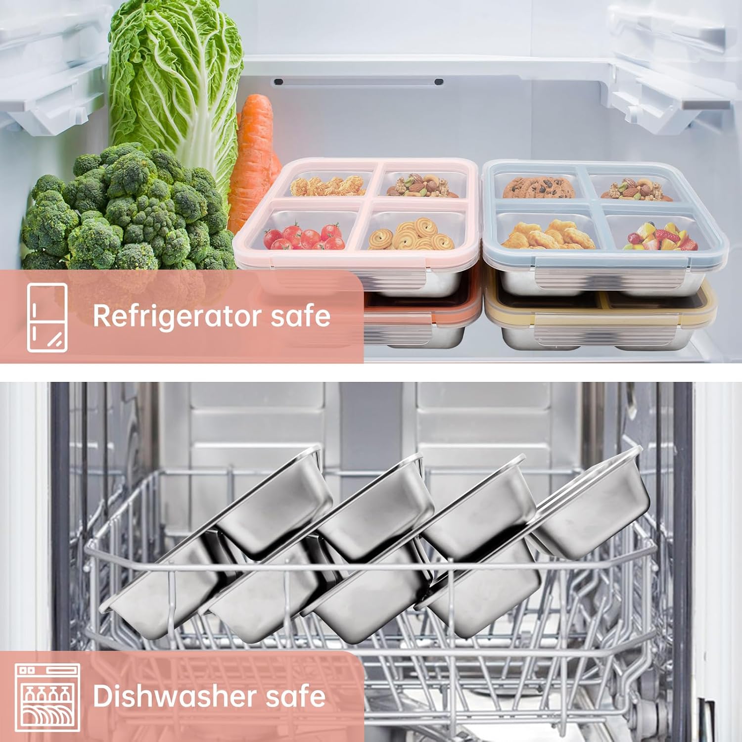 3 Pack Stainless Steel Bento Lunch Box, 4 Compartment Snack Containers, Divided Meal Prep Lunch Containers, Food Storage Containers For Work and Travel