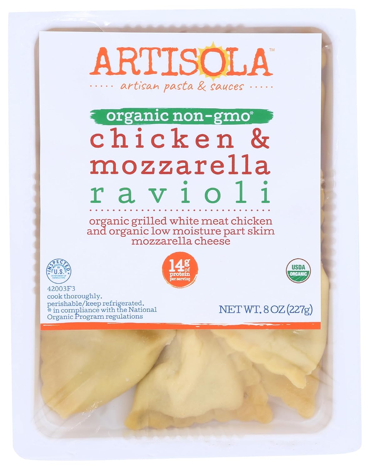 Artisola Pasta, Organic Chicken & Mozzarella Ravioli, 8 oz