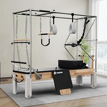 Pilates Reformer, Wooden Reformer Pilates Machine with Cadillac Trapeze Table, Pilates Equipment for Home Workout and Studio, Includes Sitting Box, Jumpboard
