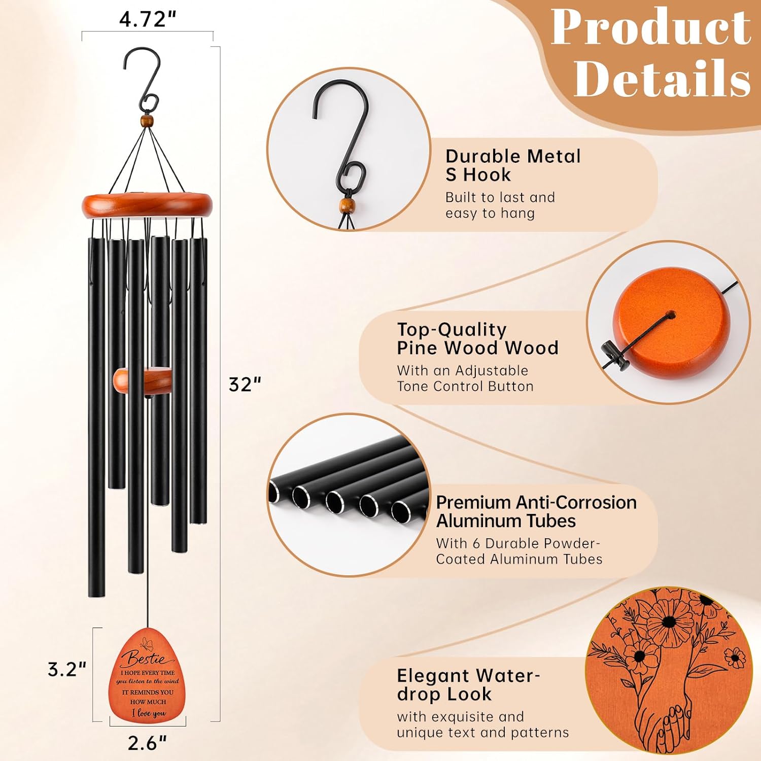 Bestie Gifts for Women, 32" Wind Chimes Bestie Birthday Gifts for Women, Best Gift for Bestie, Best Friend Birthday Gifts, Black