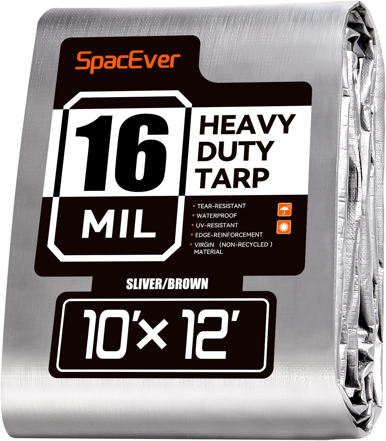 10x12 FT Tarp Waterproof, 16 Mil Tarps Heavy Duty Waterproof Multipurpose Protective Cover UV Resistant Rip & Tear Resistant with Grommets Reversible for Home Boats Cars Camping Sliver/Brown 10x12