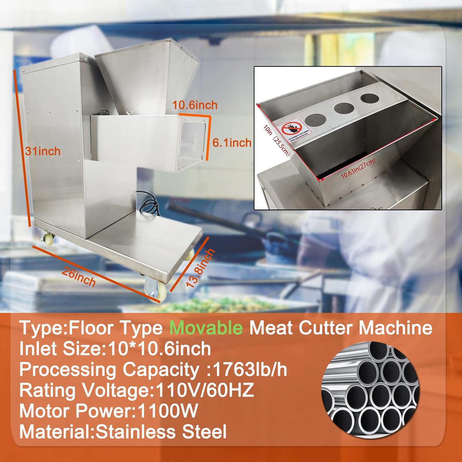 6mm Meat Cutter Meat Cutting Machine Meat Slicer Stainless Steel Cutter 1763lbs/h Meat Shredded Dicer Slicer Machine for Beaf Chicken Pork 110v 1100W