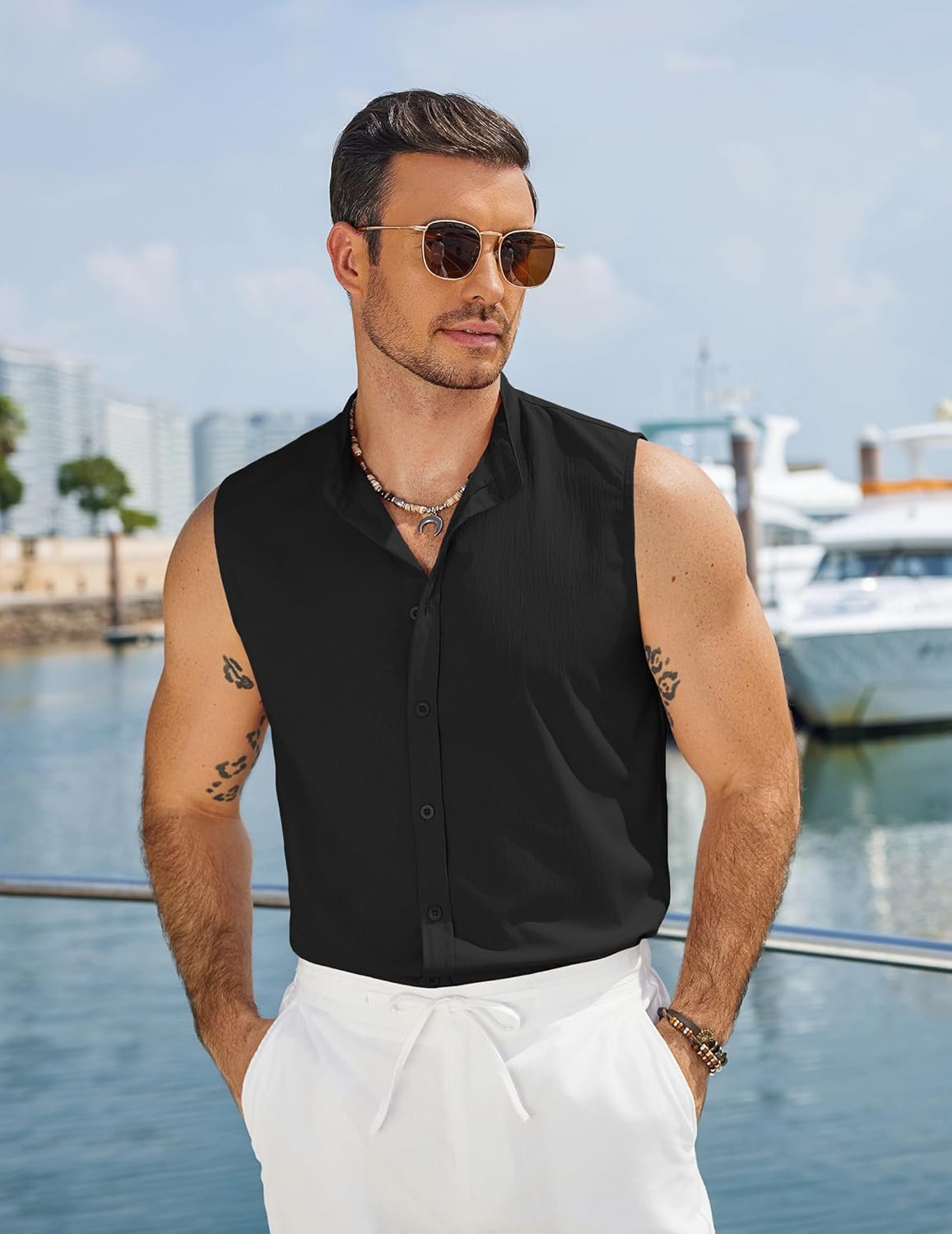 COOFANDY Men's Summer Beach Tank Tops Sleeveless Button Up Shirt Casual Textured Tank Shirts - Image 5