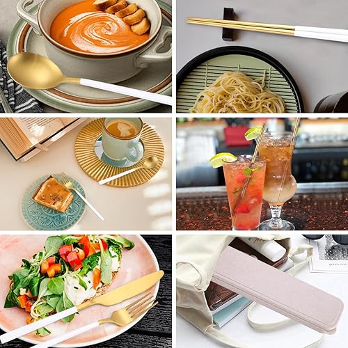 Miniatura 50 de AARainbow Juego de cubiertos de acero inoxidable de 8 piezas, portátil, reutilizable, juego de utensilios de viaje, incluye palillos, cuchillo