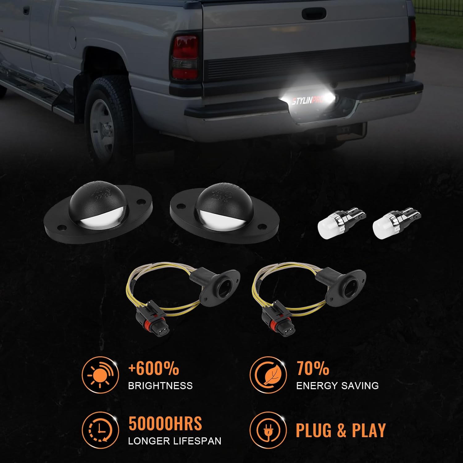 LED License Plate Light with Socket Wiring Harness Plugs Compatible with 1994-2001 Dodge Ram 1500 2500 3500 Pickup Truck, Step Bumper Tag Lamp Housing, 6500K White Bulbs