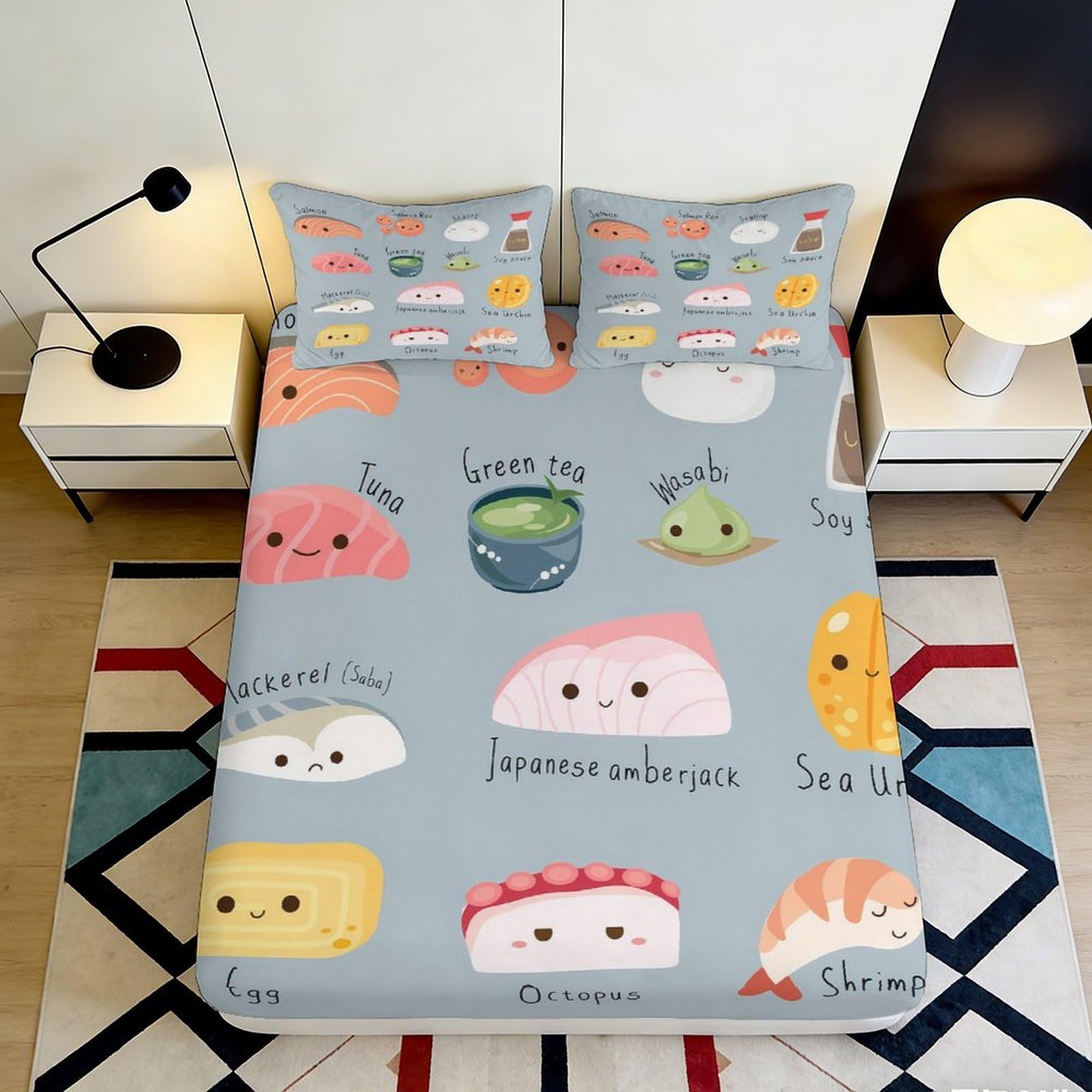 3D Printed Cute Sushi Fitted Sheet Microfiber Deep Pocket Non-Slip Cartoon Mattress Fitted Cover Soft for Bedroom 90x200x25cm