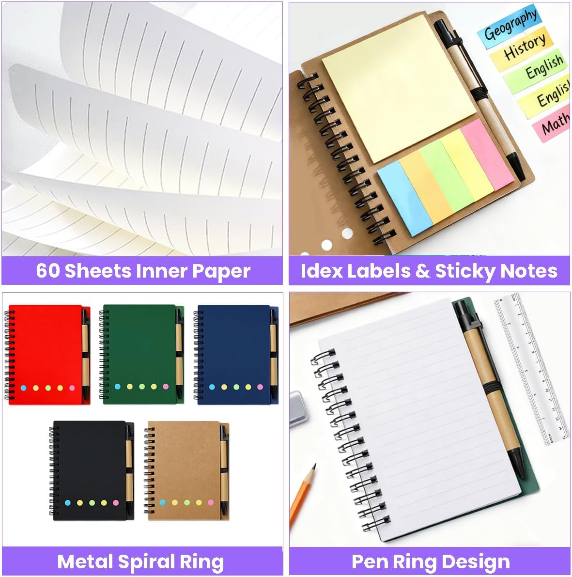 30 Pack Spiral Notebook and Pen Set, Lined Small Notebook with Pen Sticky Notes Steno Pads Pocket Mini Journals Bulk Notebooks for Business Office School Supplies, 5 Colors, 60 sheets, 4.25 x 5.3in - Image 4