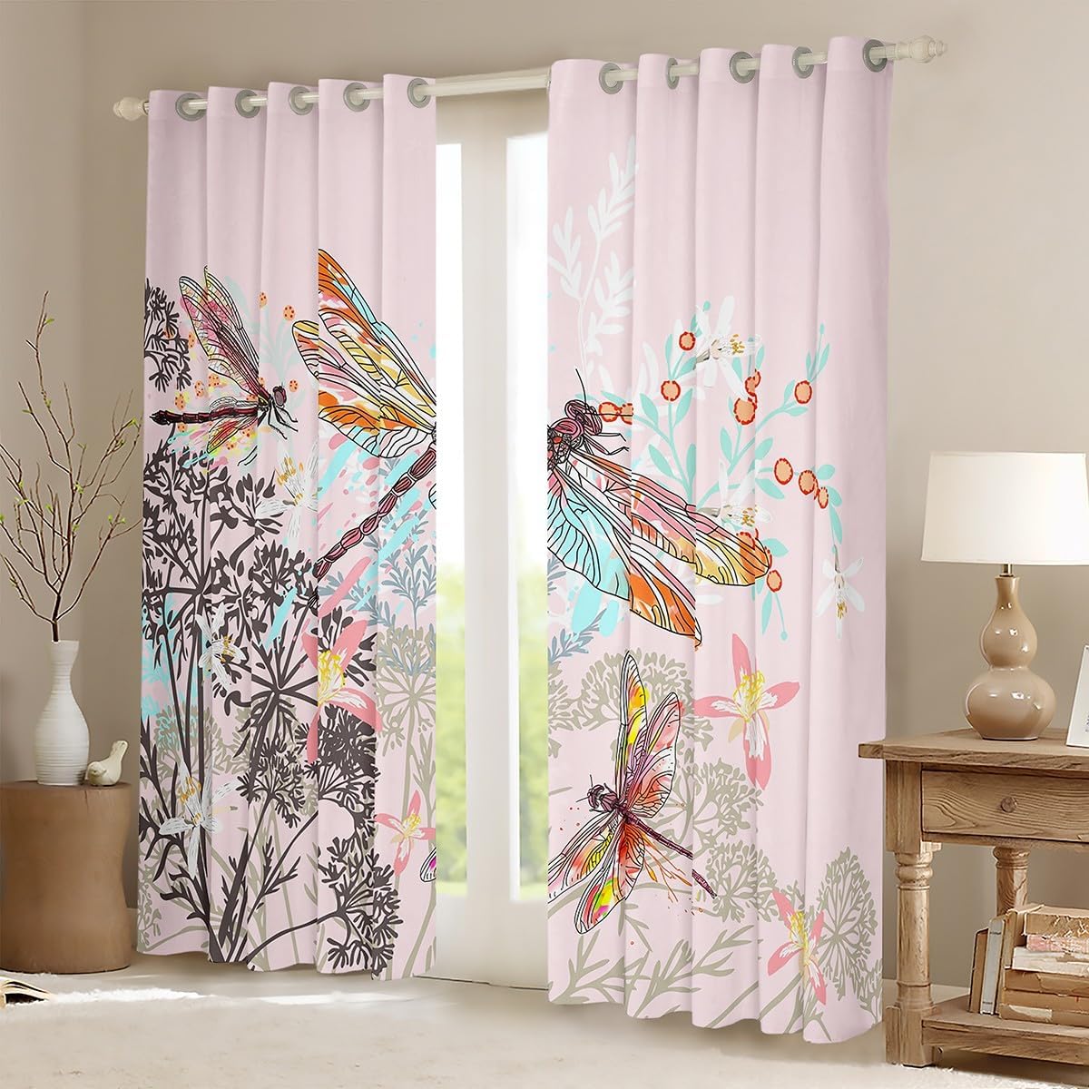 Feelyou Dragonfly Window Curtains Dandelion Floral Window Drapes Treatments for Kids Girls Teens Women Bedroom Decor Nature Animals Botanical Pink, 52W X 63L,2 Panels