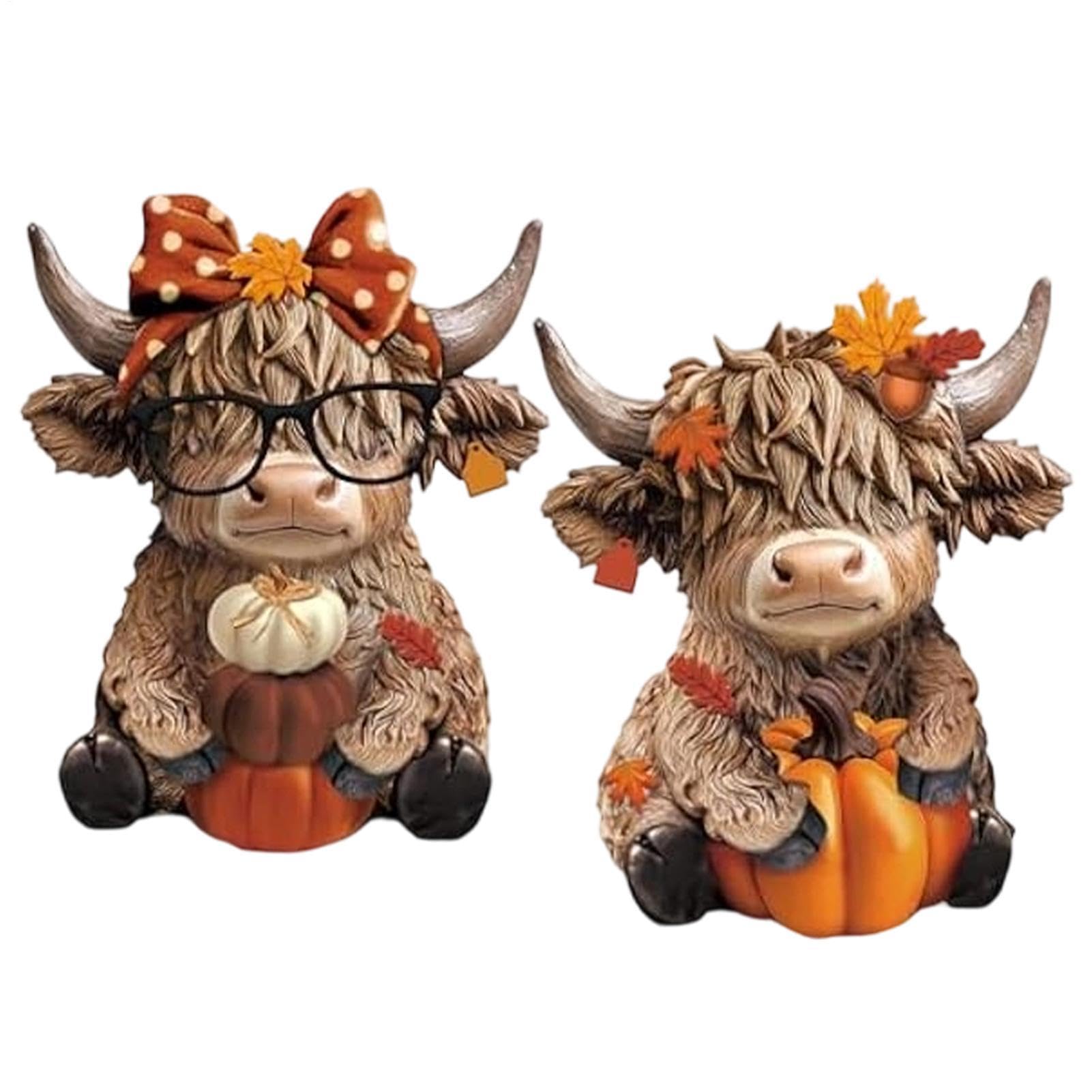 Halloween Highland Cow Ornament, 2-pcs Resin Highland Cattle w/Pumpkin
