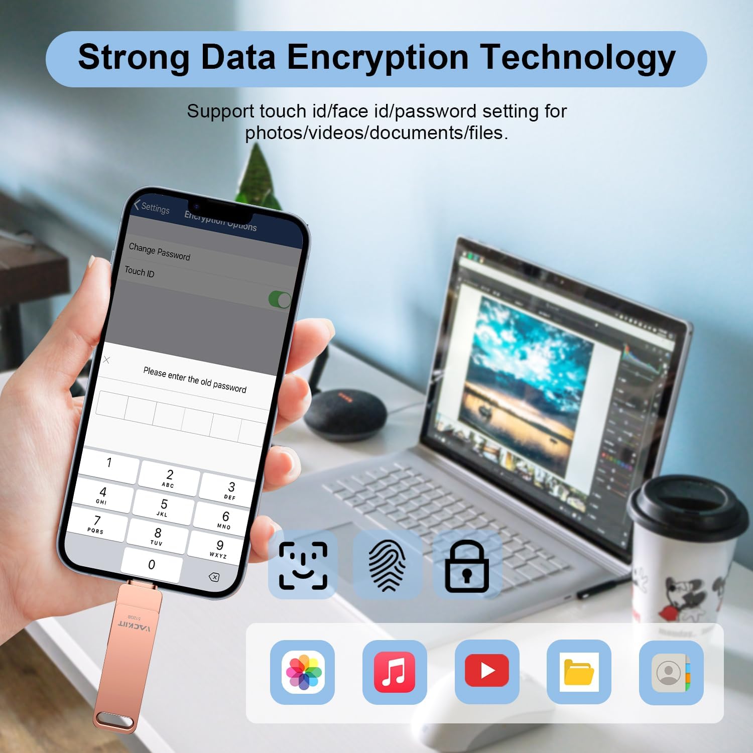 Data Encryption Settings with Password, Touch ID, Face ID