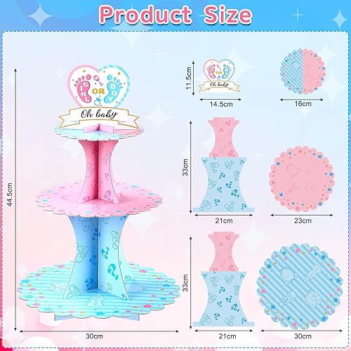 Miniatura 2 de Decoración de soporte para cupcakes para fiesta de revelación de género, azul y rosa de 3 niveles para baby shower, suministros de cartón para niños