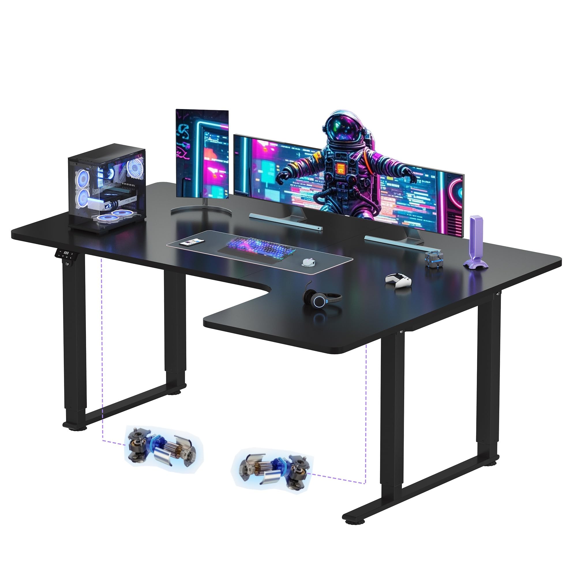 SANODESK Escritorio Elevable Eléctrico (180x110 cm) con 4 Patas - Escritorio de Juegos, Gaming Mesa, Escritorio Regulable en Altura en Forma de L con 2 Motor, Control de Memoria (Negro)