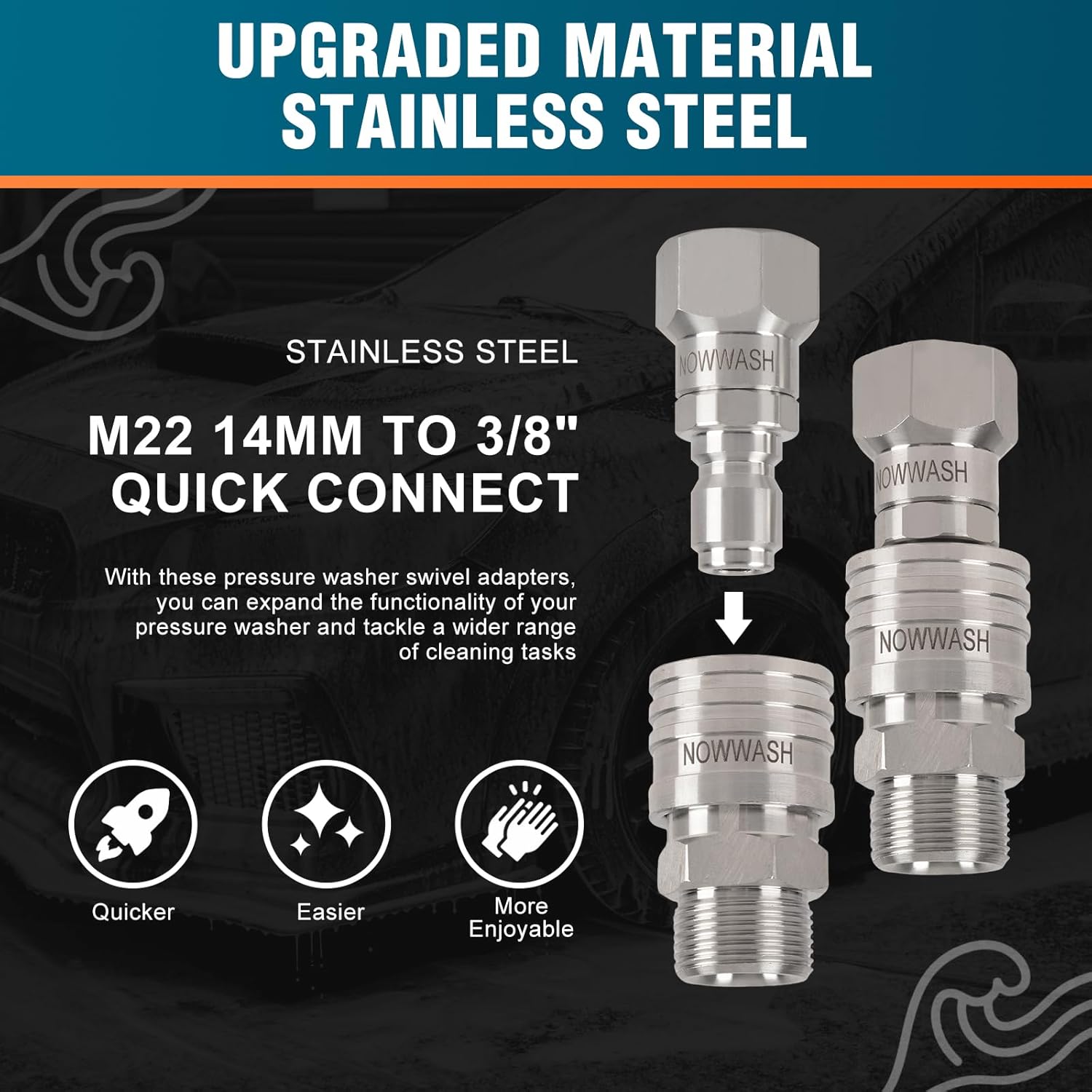Pressure Washer Swivel Adapter Set, Stainless Steel M22-14mm to 3/8" Quick Connect Kit, 360° Rotating Fitting Leak-Free Anti-Kink Design for Hose Gun Pump Surface Cleaner