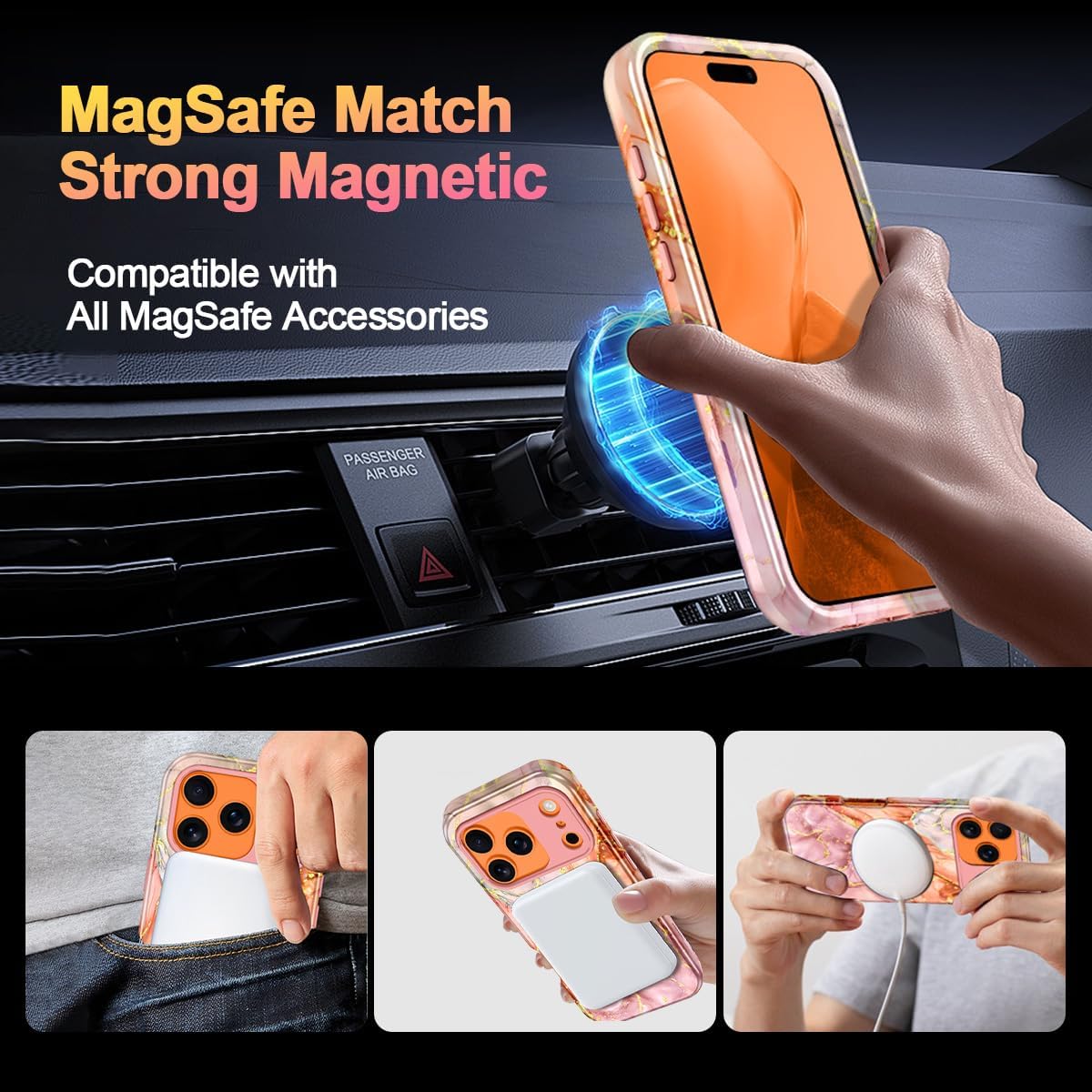 Casetego for iPhone 17 Pro Case,Compatible with MagSafe,[Military Grade Drop Test] Full Body Protection Slim Shockproof Rugged Marble Women Girls Case for iPhone 17 Pro 6.3 inch,Gold - Image 3