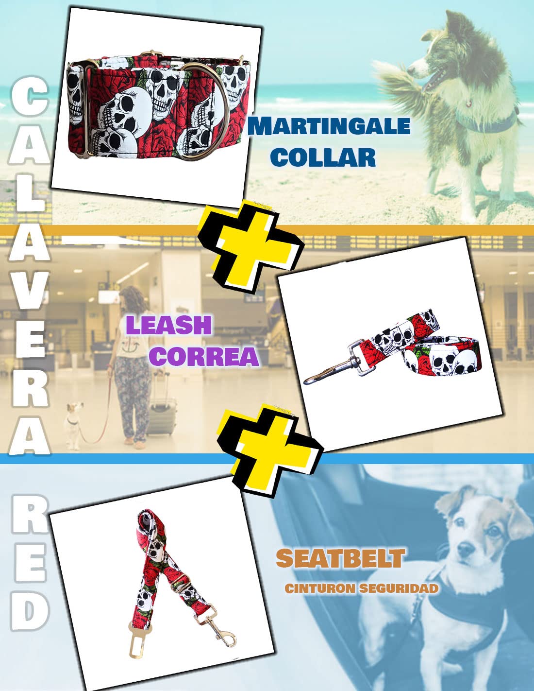 Collar Martingale/Correa/Cinturon Seguridad CALAVERA RED para Perro Galgo Greyhound - Hecho a Mano en España