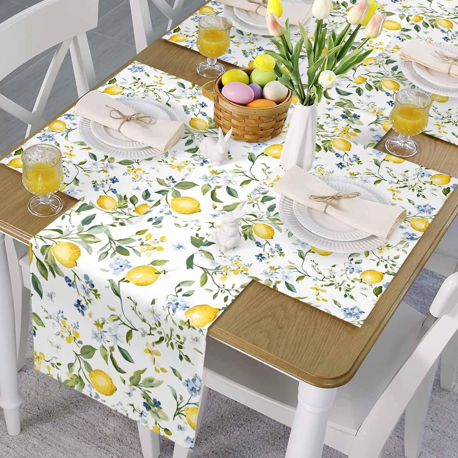 Summer Lemon Table Runner 90 inches Long Blue Flowers Leaves Waterproof Table Cloth Holiday Kitchen Dining Table Decorations for Indoor Outdoor Home Party Coffee