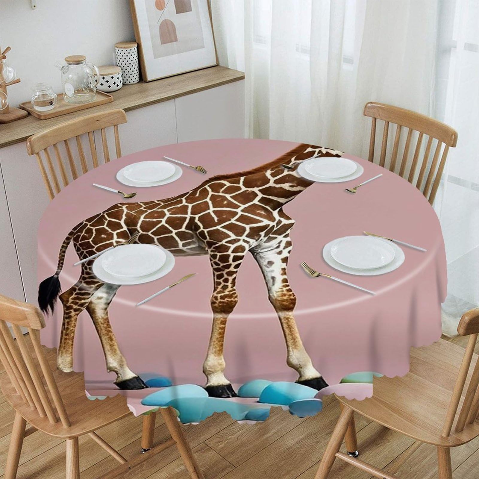 FekiLoot 60 Inch Round Cherry Giraffe Tablecloth Waterproof Heavy Duty Polyester Table Cloth Spill-Proof Wipeable Table Cover Decorative Circle Dining Tablecover for Party Outdoor