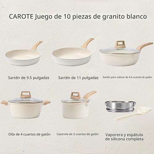 Vista 2 de CAROTE Juego de ollas y sartenes antiadherentes, juego de utensilios de cocina de inducción de granito blanco, 10 piezas antiadherentes con sartenes