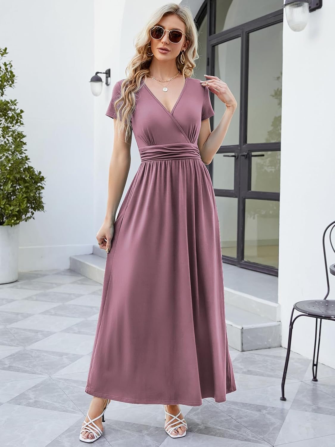ANRILITA Women's 2026 Wrap V Neck Maxi Dress Short Sleeve Empire Waist Flowy Summer Long Dresses with Pocket Casual for Beach image 2