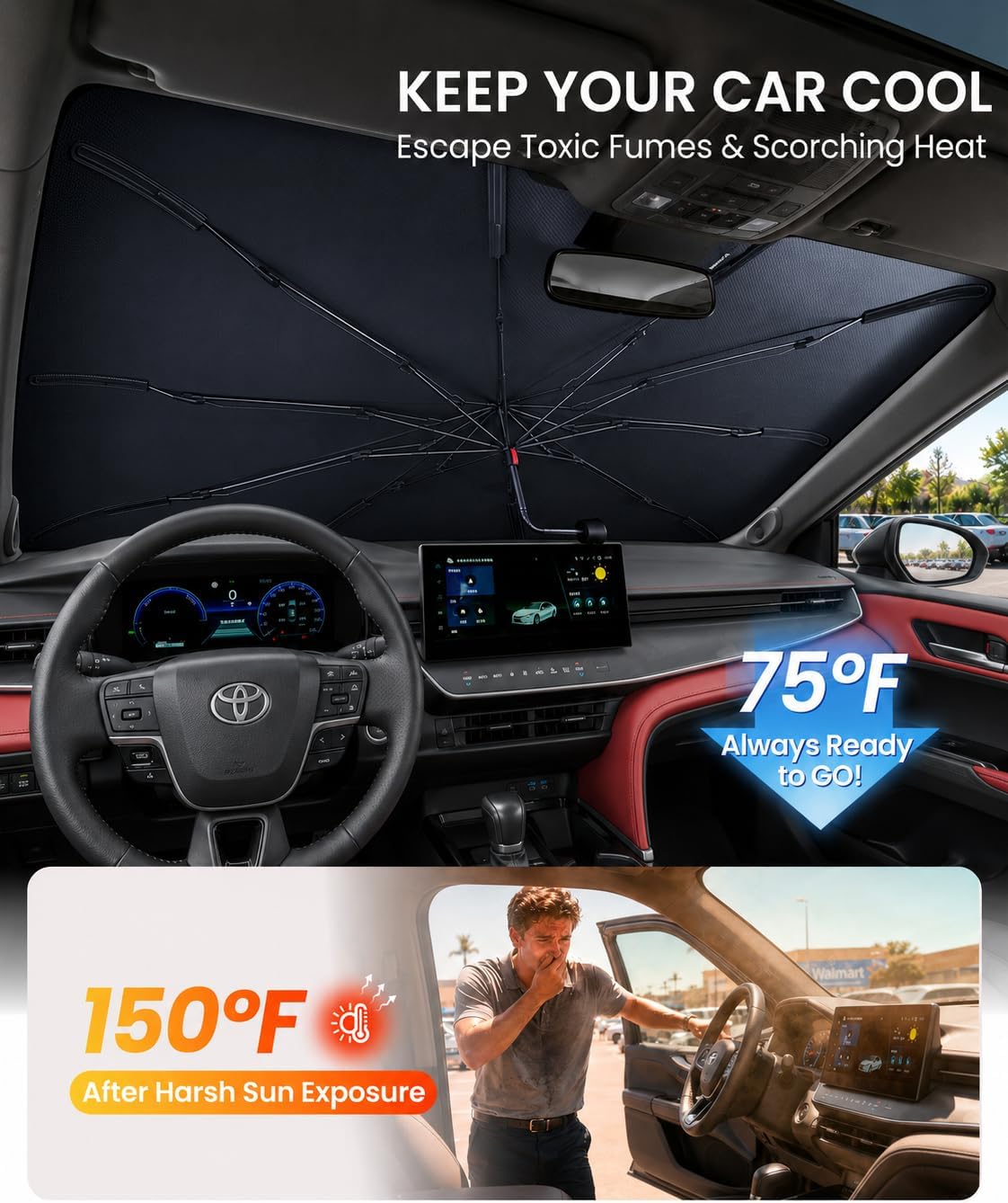 Zanch Windshield Sun Shade Umbrella: Custom Fit for Toyota-Camry 2000-2026 [99% UV Protection, Up to 75℉ Cooler] Reflective Heat Shield, No Sag, No Scratches, Foldable Front Sunshade Umbrella