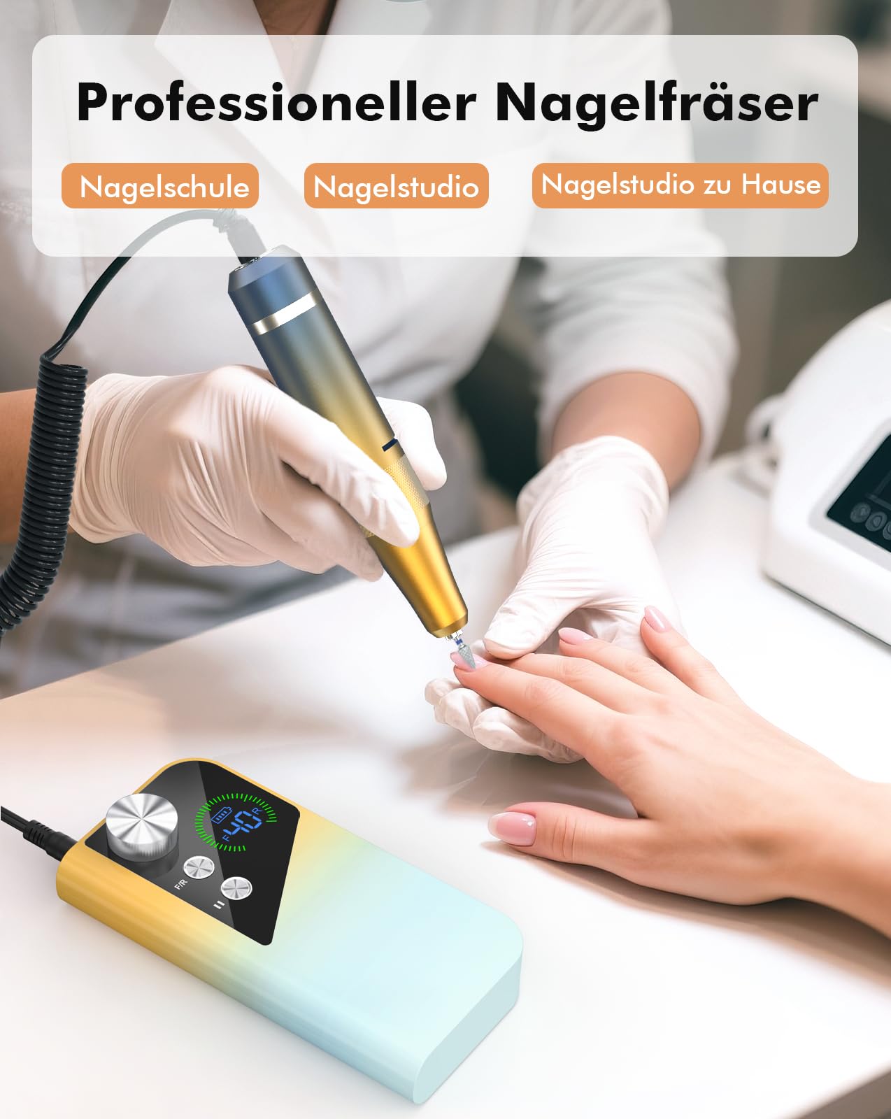 HOMEASY Nagelfräser 40.000 U/min Profi. Tragbar Fräser Nägel Elektrische Nagelfeile Wiederaufladbare Fräser für gelnägel Nagellack Maniküre Set mit 6 Nagel Bits LCD Anzeige F/R Richtung Gelb Blau