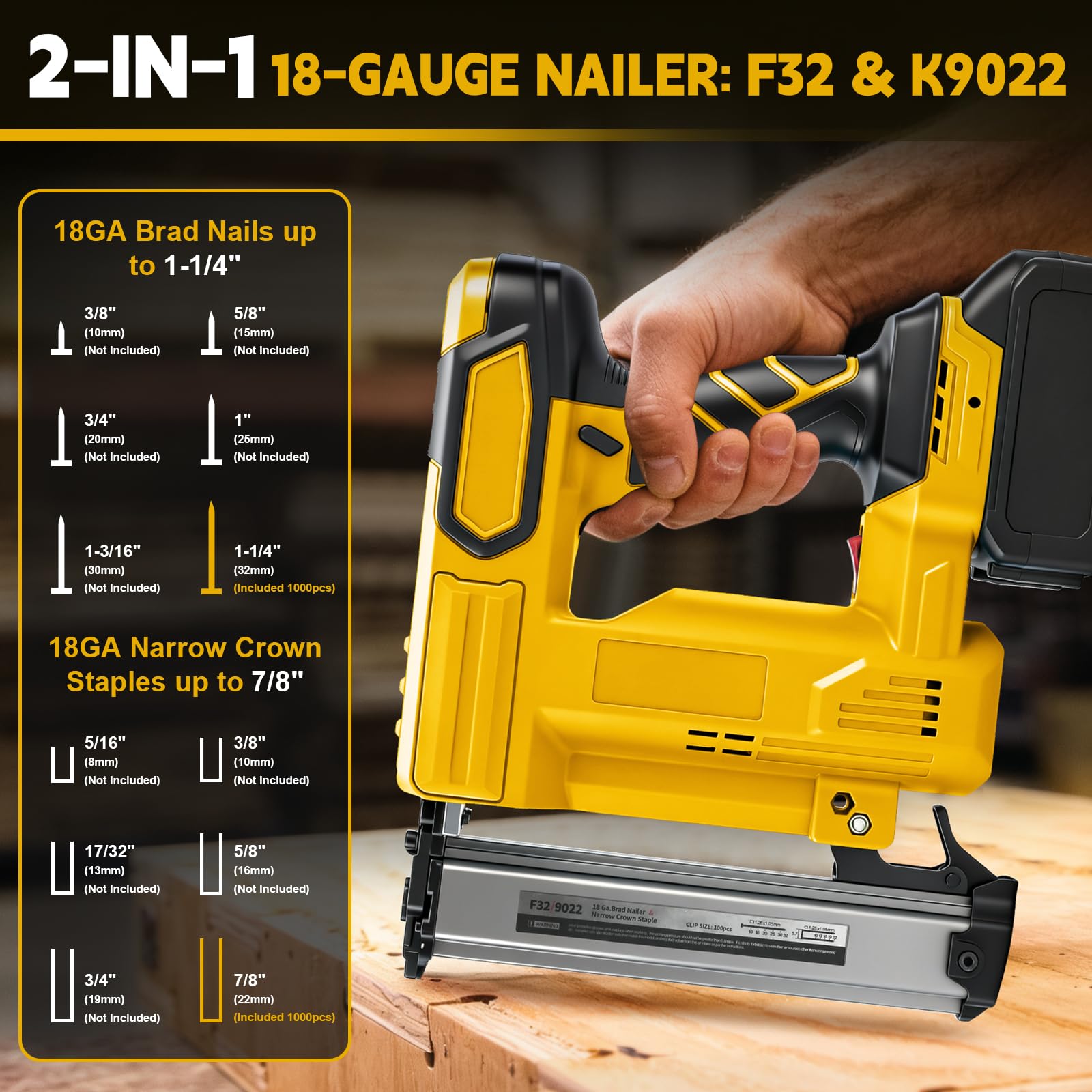 WingFly Akku Tacker Nagelpistole Kompatibel mit Dewalt 18V,20v, Professional Akku-Nagler mit 1000 Nägel, Elektrotacker für DIY-Projekte in Möbeln, Tischlerei (ohne Batterie)