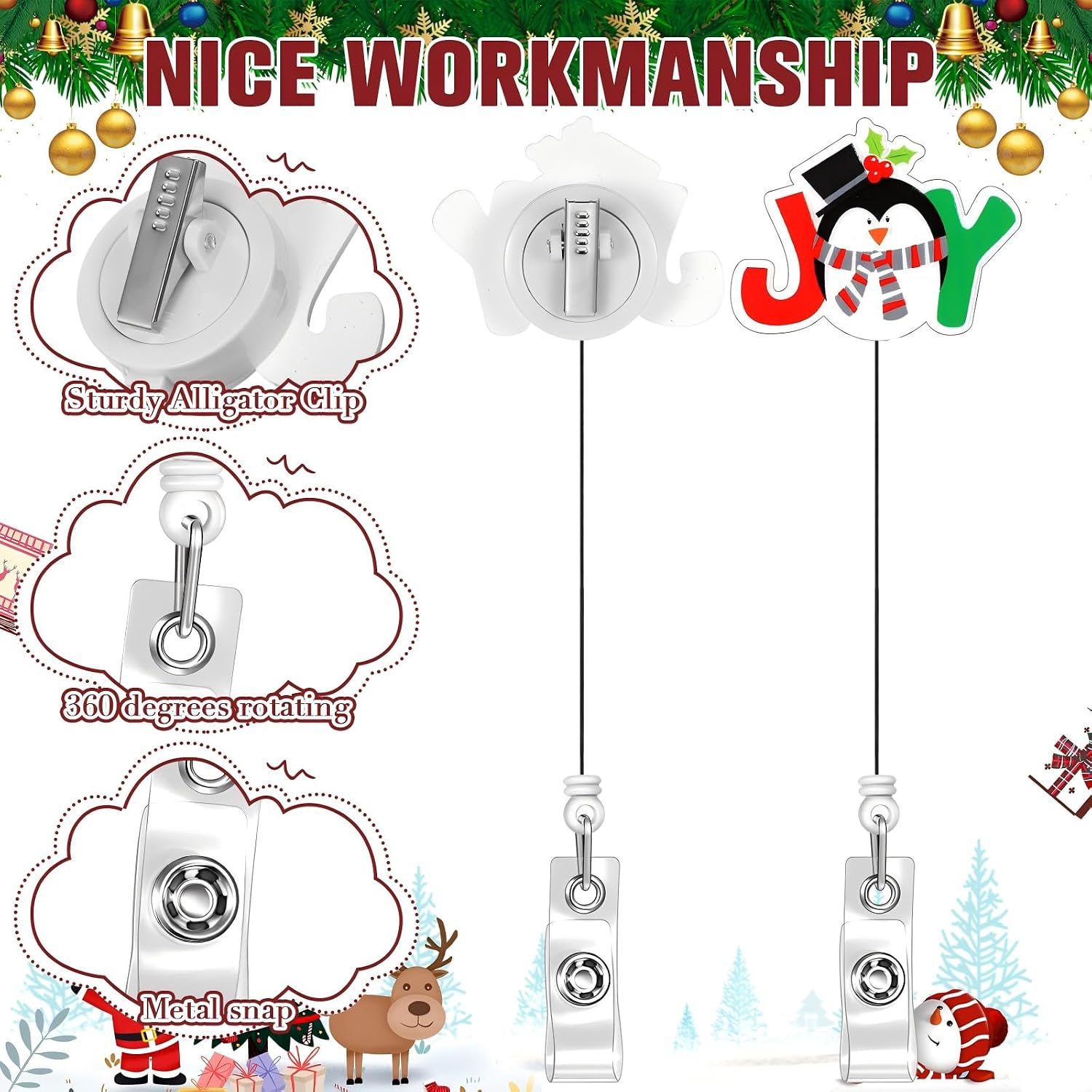 9 Pieces Christmas Badge Reel Holder Elk Retractable Nurse Badge Reel Bling Glitter Holiday Badge Reels Christmas Tree Cute Acrylic ID Name Badge Holder with Alligator Clip for Office Nurses Doctors