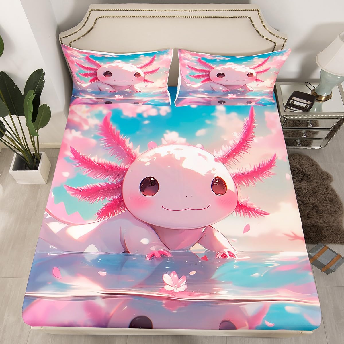 Axolotl Fitted Sheet,3D Print Salamander Kawaii Marine Life Soft Decorative Fabric Bedding Cute Animal Romantic Pink Cherry Blossom Flowers Pocket Single Size with 1 Pillowcase — image 1