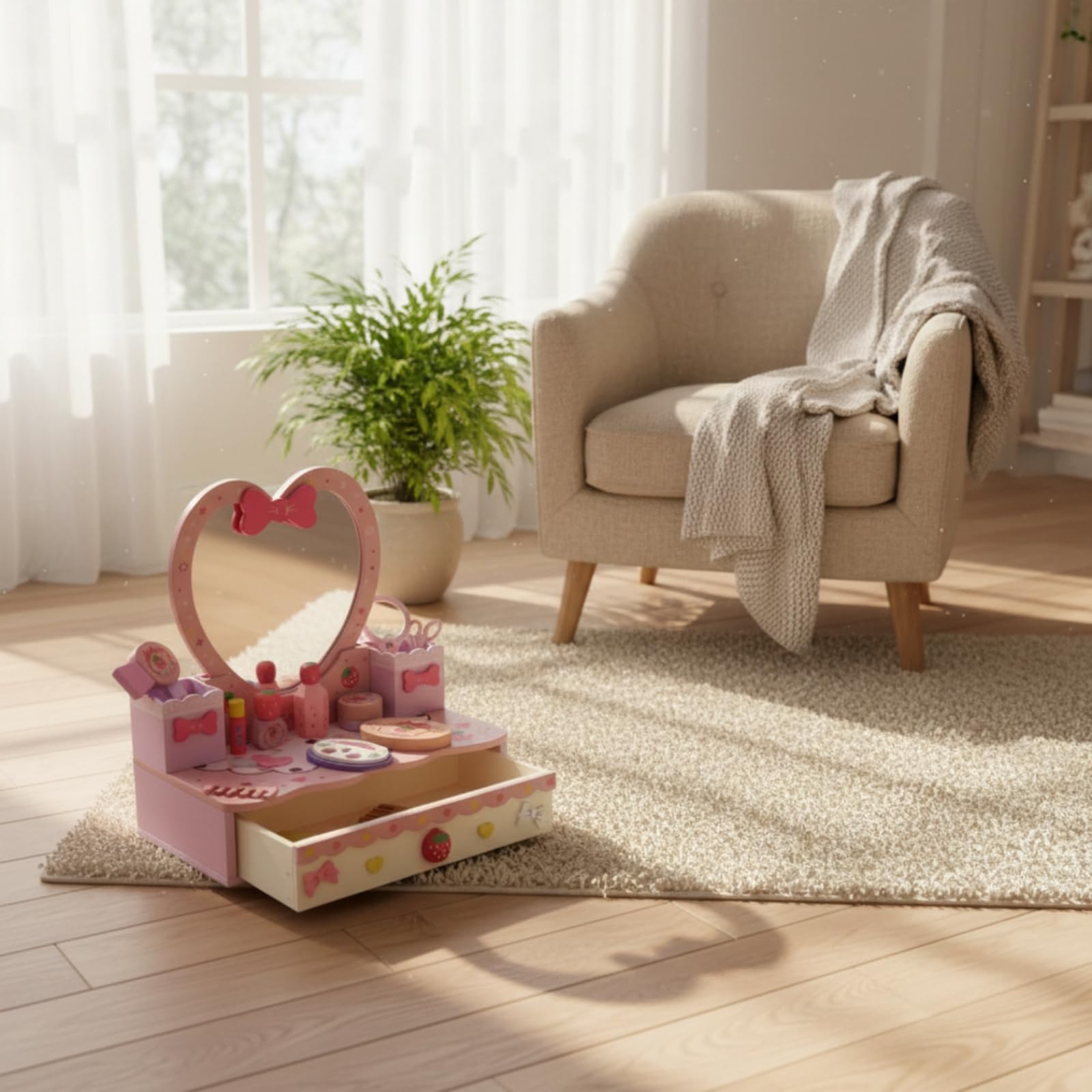 Baoblaze Toeletta Giocattolo Bambina Toelettatura Trucco Specchiera Finta Legno con Specchio a Cuore Cassetto E Accessori di Bellezza Completa di Pettine Forbici Rossetto Adatta per Cameretta