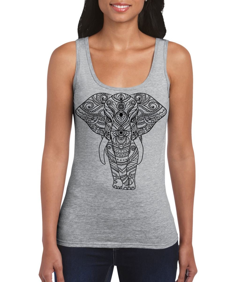 Tribal T-Shirts Womens Indian Elephant Tattoo Large Print Vest Top (Medium, Light Grey)
