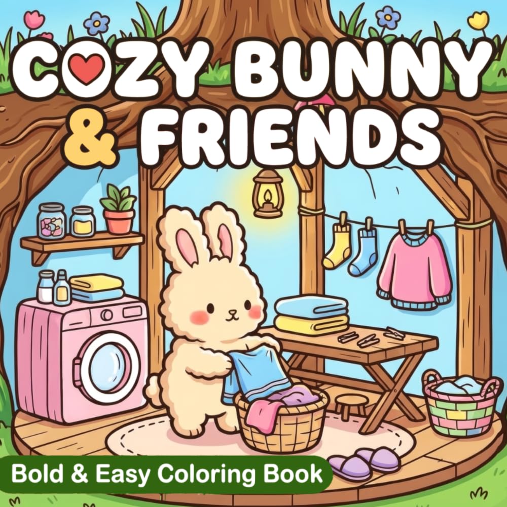 Cozy Bunny & Friends Bold and Easy Coloring Book: 40 Cute Woodland Animals, Cozy Underground Burrow Homes, Garden Scenes, For Teens and Adults with Cozy Fuzzy Animals in Hygge Moments for Relaxation