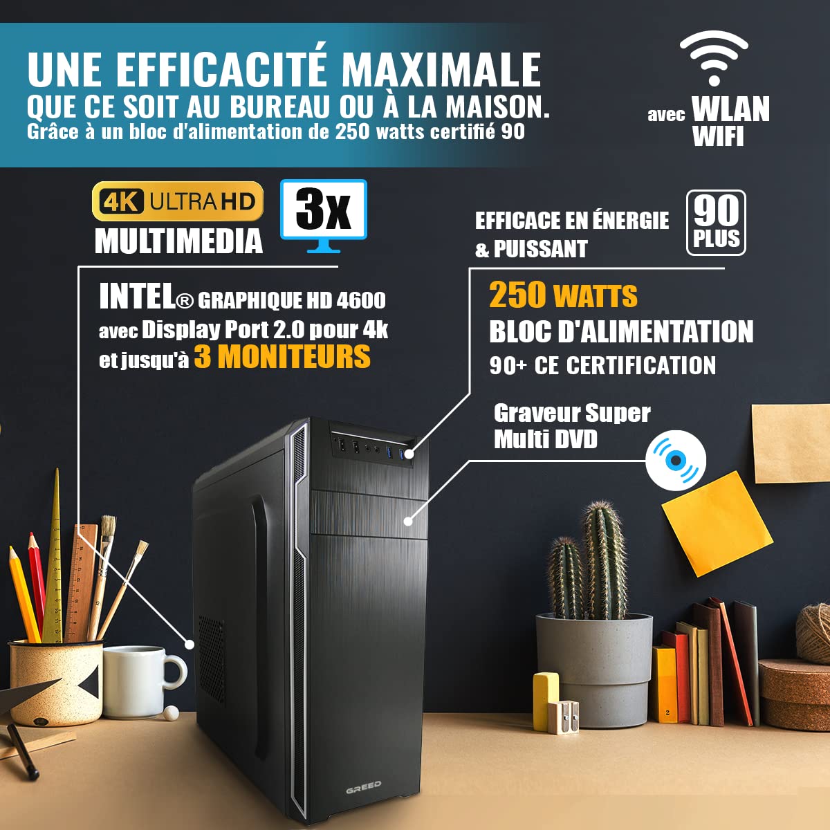GREED® Intel Core 12th Gen - Multimedia PC - Ordinateur Rapide Le Home Office - Desktop avec 4,0 GHZ - 16GB RAM - 240GB SSD + 1TB HDD - DVD+RW - USB3.0 - WLAN - Windows 11 Pro Inclus