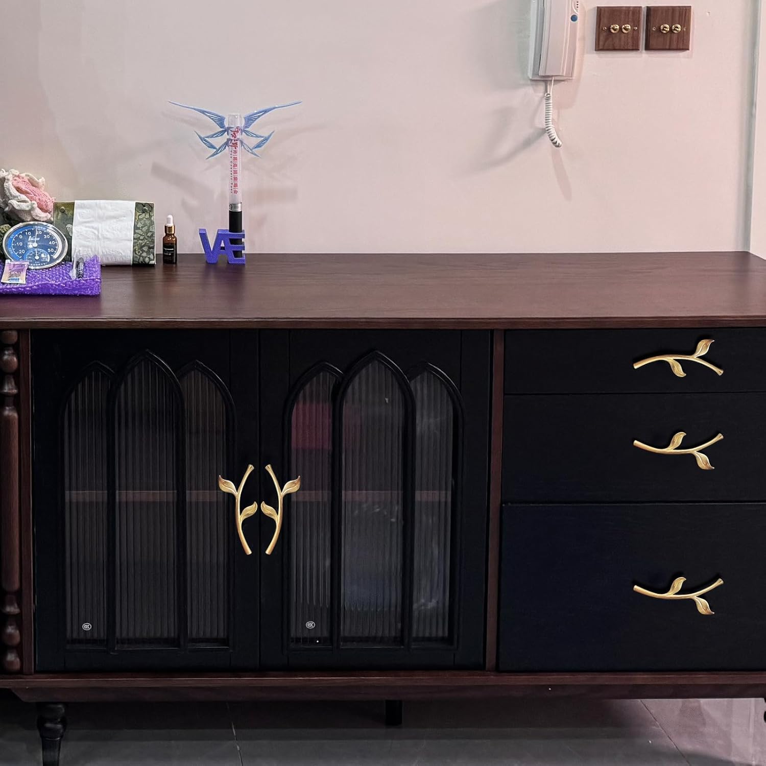 Brass Cabinet Knob with Branch Leaf Ornament,Gold Dresser Knobs and Pulls Vintage, Decorative Pull Knobs for Dresser Drawer Kitchen Cabinet, Set of 2