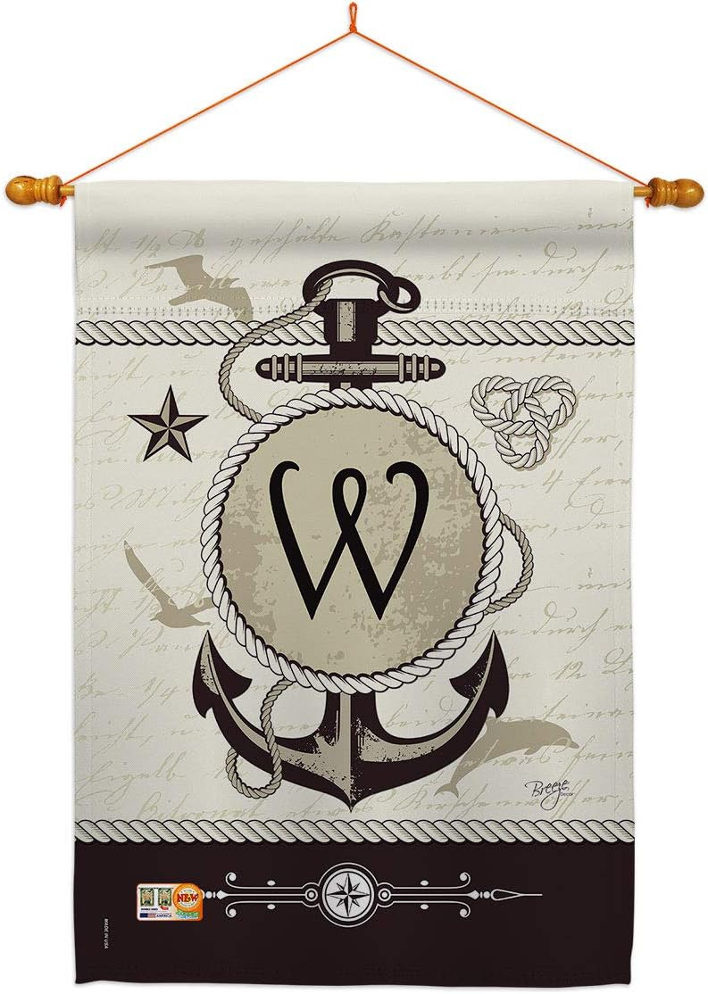 Nautical W Initial House Flag Monogram Coastal Anchor Sailor Sea Shells Outdoor Summer Ocean Small Decorative Gift Yard Banner Made In USA 28 X 40